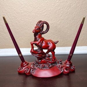 Vintage Red Resin Goat Pen Holder, Mandarin Product, Double Pen Stand